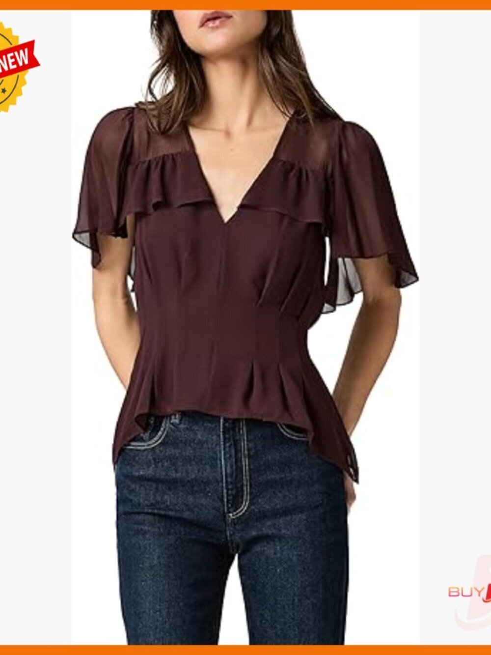 Short Sleeve V-Neck Silk Blouse with Cape Ruffles and Tie Waist